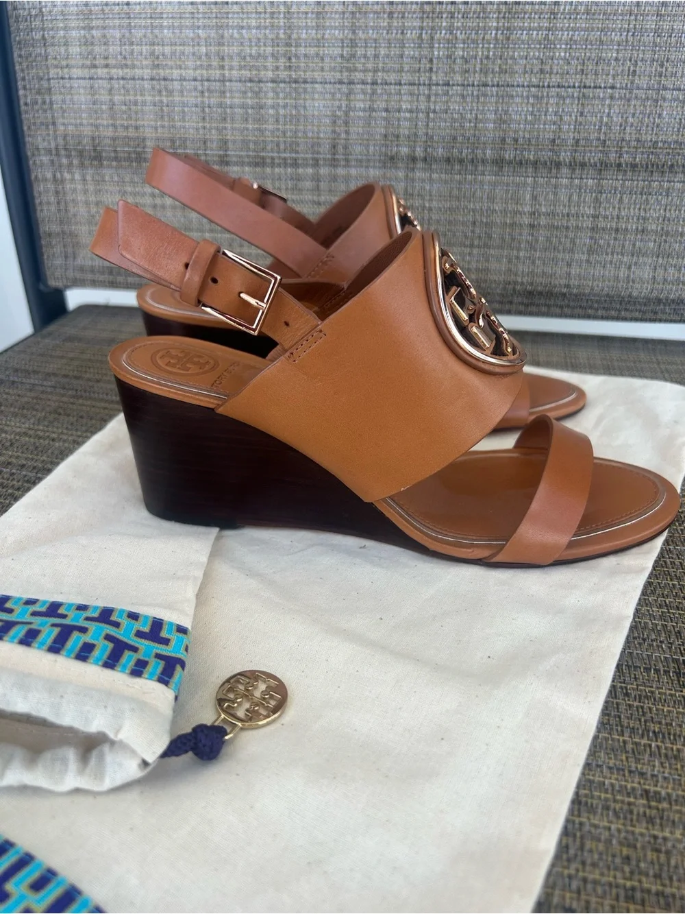 Auth NEW Tory Burch Sz 6 Metal miller Wedge heels tan brown 65mm Leather Sandals